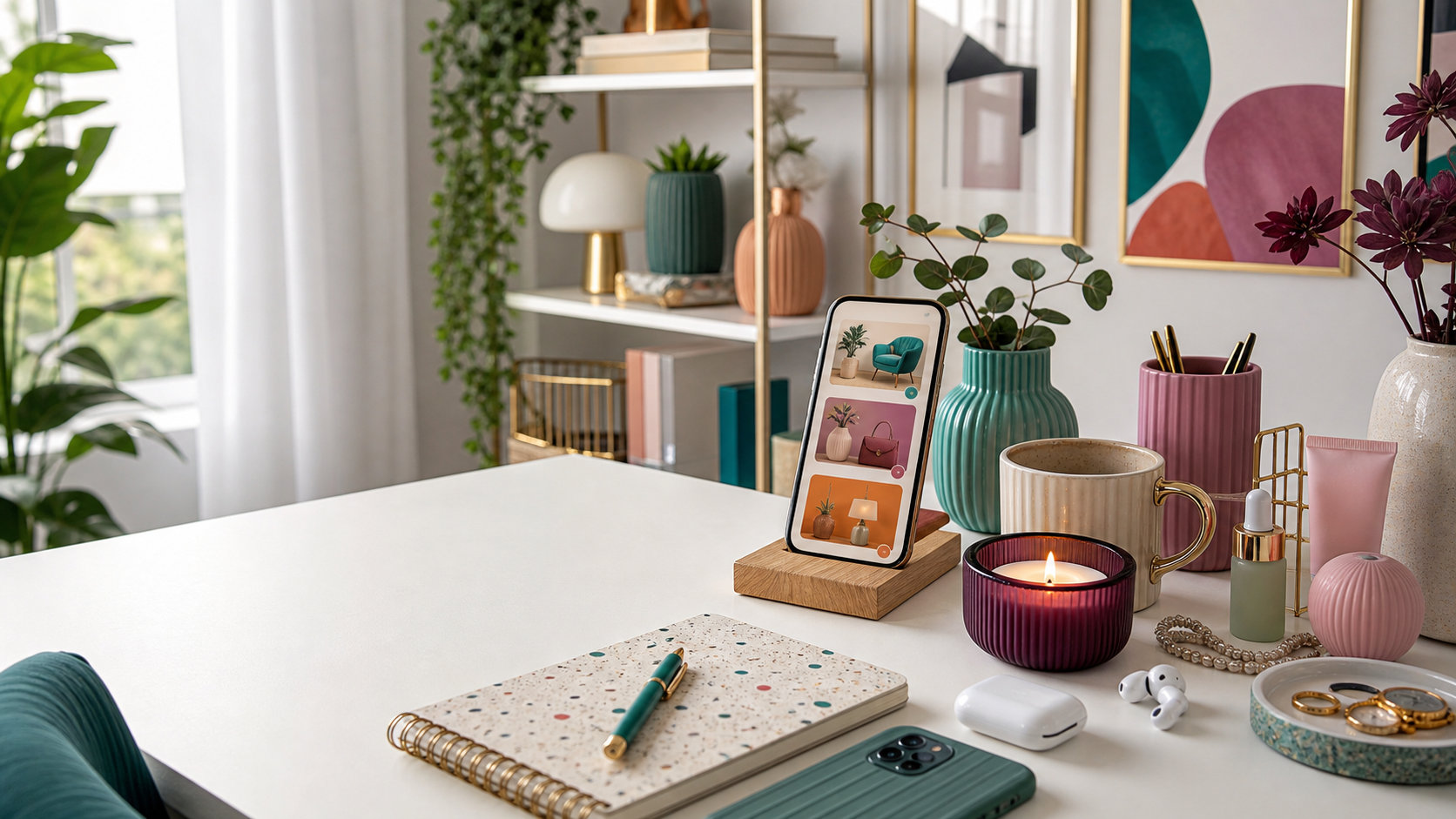 Ambiente moderno com objetos de casa, beleza, papelaria e tecnologia
